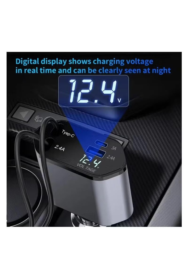 Retractable Car Charger - 4-in-1 Fast Charger with Dual USB Ports & 2.6ft Cable, Compatible with iPhone 15/14/13 Pro Max, Galaxy S23/S24 – Compact & Multi-Device Adapter - Image 4