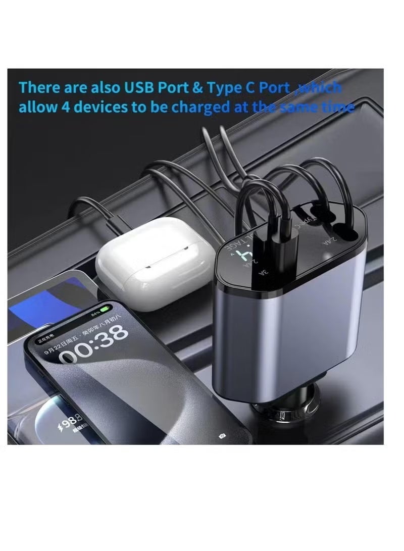Retractable Car Charger - 4-in-1 Fast Charger with Dual USB Ports & 2.6ft Cable, Compatible with iPhone 15/14/13 Pro Max, Galaxy S23/S24 – Compact & Multi-Device Adapter - Image 5