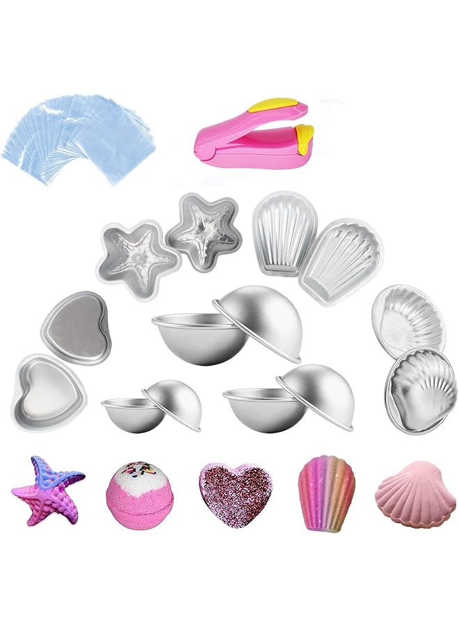 S-TOP Metal Bath Bomb Mold 14 PCS(6 Hemispheres, 2 Starfish, 2 Heart, 2 Shell, 2 Scallop) with 100 Shrink Wrap Bags for Bath Bombs Handmade Soaps and Cake - Image 1