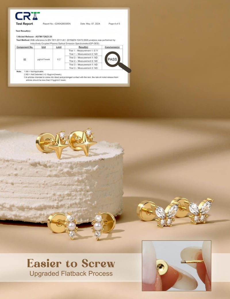 ORAZIO Gold Flat Back Stud Earrings for Women Men Sterling Silver Post Hypoallergenic Screw Back Earrings 14K Gold Cartilage Conch Helix Tragus Piercing Jewelry Dainty CZ Opal Earring Set 3 Pairs 20G S3 G1 - Image 3