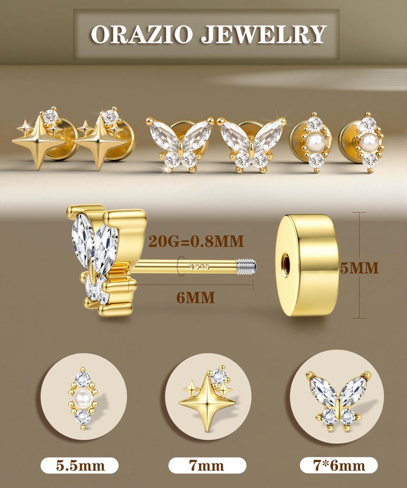 ORAZIO Gold Flat Back Stud Earrings for Women Men Sterling Silver Post Hypoallergenic Screw Back Earrings 14K Gold Cartilage Conch Helix Tragus Piercing Jewelry Dainty CZ Opal Earring Set 3 Pairs 20G S3 G1 - Image 5