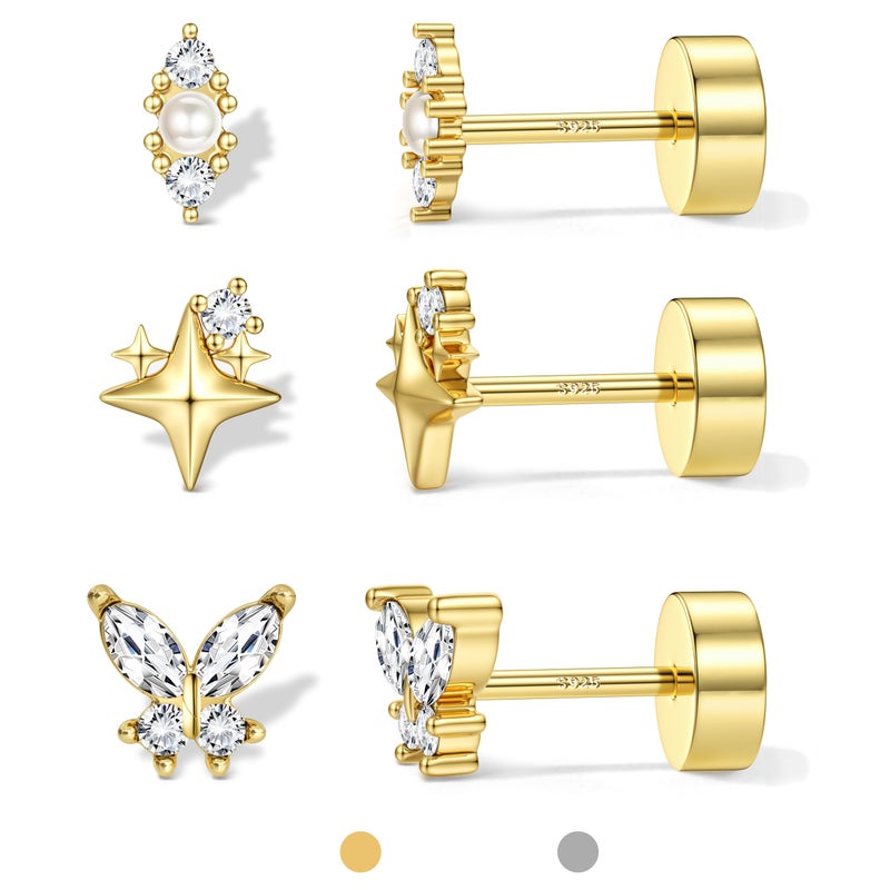 ORAZIO Gold Flat Back Stud Earrings for Women Men Sterling Silver Post Hypoallergenic Screw Back Earrings 14K Gold Cartilage Conch Helix Tragus Piercing Jewelry Dainty CZ Opal Earring Set 3 Pairs 20G S3 G1 - Image 1