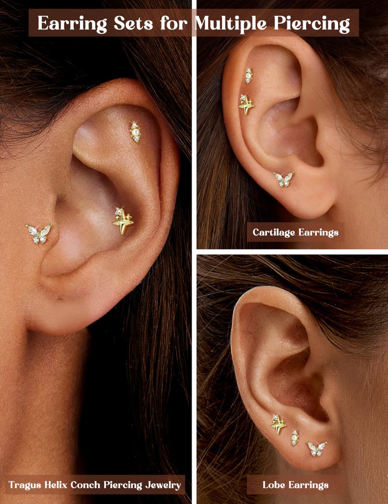 ORAZIO Gold Flat Back Stud Earrings for Women Men Sterling Silver Post Hypoallergenic Screw Back Earrings 14K Gold Cartilage Conch Helix Tragus Piercing Jewelry Dainty CZ Opal Earring Set 3 Pairs 20G S3 G1 - Image 4