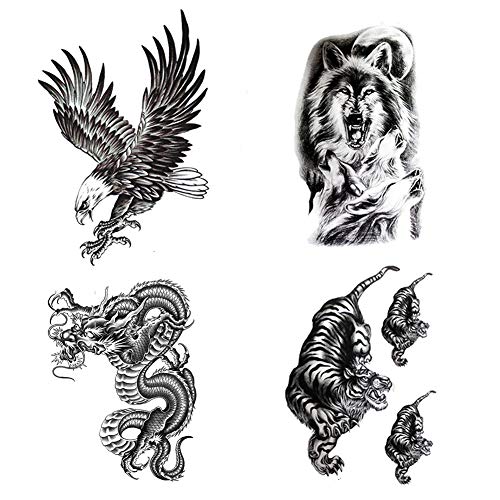 Finrray Large Temporary Tattoos Waterproof Fake Tattoo Realistic Eagle Wolf Tiger Dragon Animal Shaped Body Tattoo Stickers for Men Adults Boys Guy (Black, 4 Sheets) - Image 1