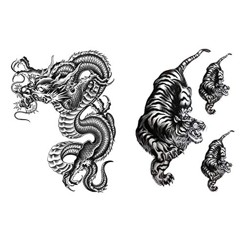 Finrray Large Temporary Tattoos Waterproof Fake Tattoo Realistic Eagle Wolf Tiger Dragon Animal Shaped Body Tattoo Stickers for Men Adults Boys Guy (Black, 4 Sheets) - Image 2