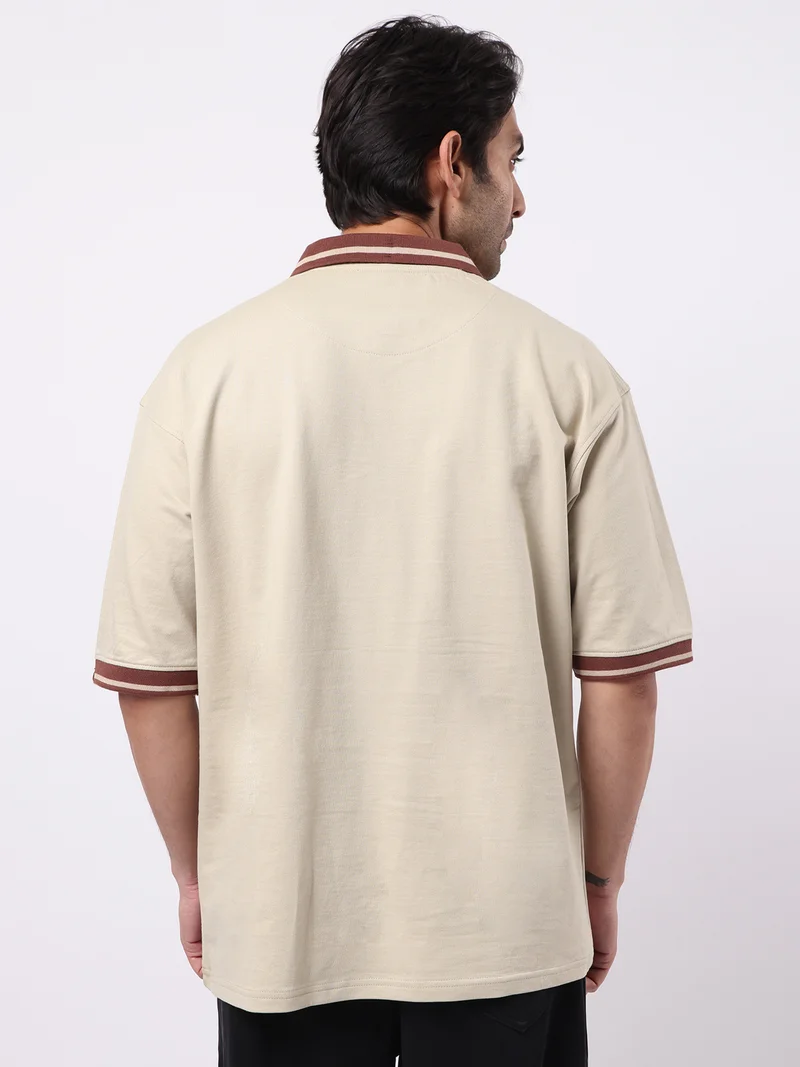 Maniac  Maniac Mens Printed Polo Neck Half Sleeve Biscuit & Brown Cotton T-Shirt for Men | Best Price UAE