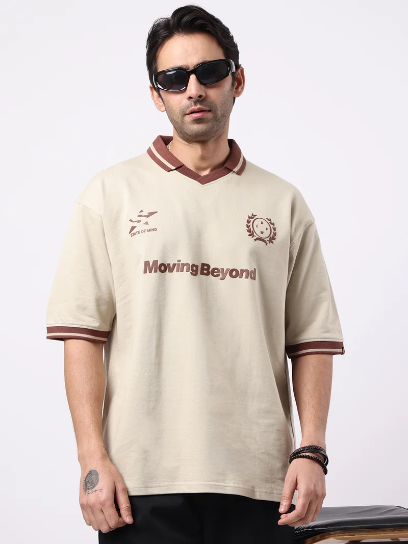 مانياك Maniac Mens Printed Polo Neck Half Sleeve Biscuit & Brown Cotton T-Shirt