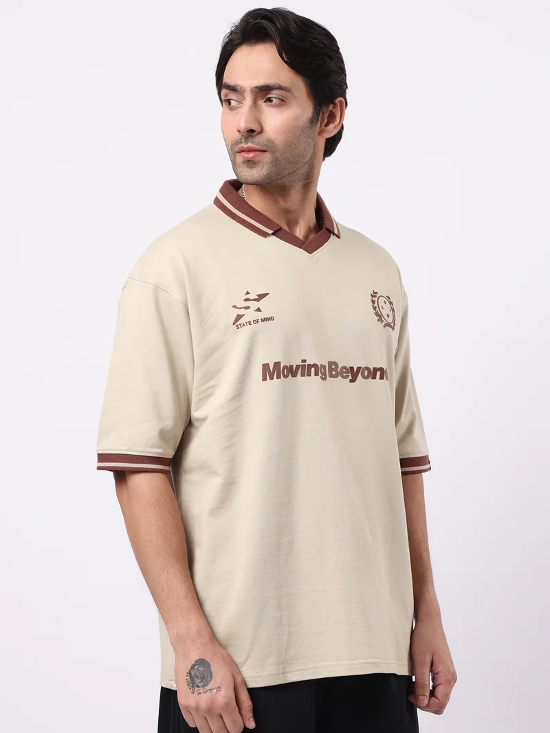 Maniac  Maniac Mens Printed Polo Neck Half Sleeve Biscuit & Brown Cotton T-Shirt for Men | Best Price UAE