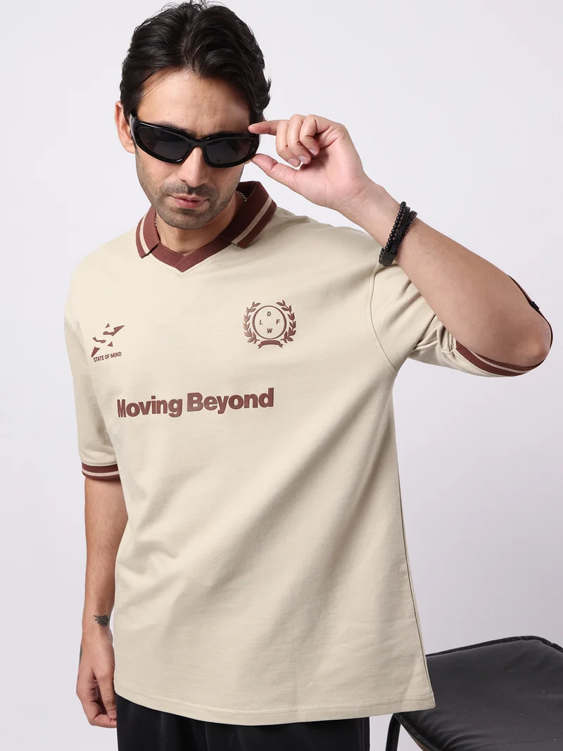 مانياك Maniac Mens Printed Polo Neck Half Sleeve Biscuit & Brown Cotton T-Shirt
