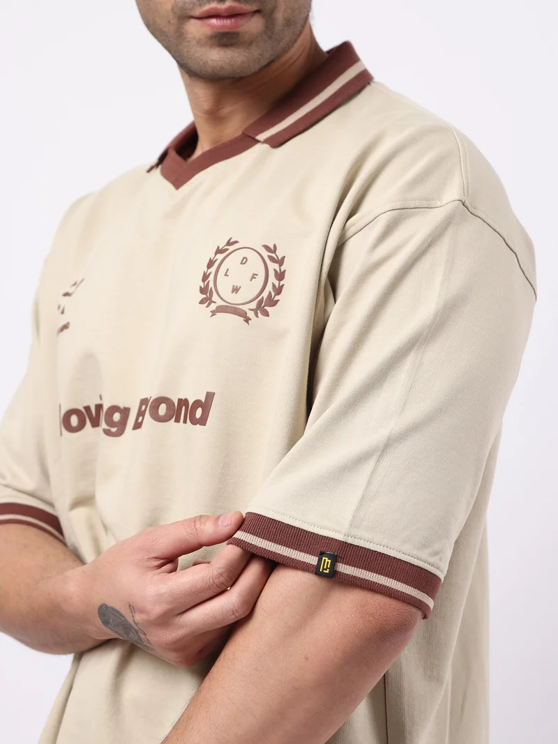 Maniac  Maniac Mens Printed Polo Neck Half Sleeve Biscuit & Brown Cotton T-Shirt for Men | Best Price UAE