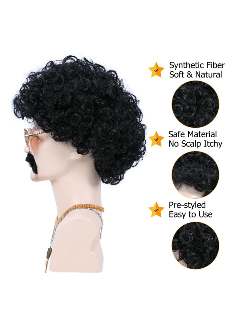 Excefore 6pcs Set, 70s 80s Disco Wig with Mustache Glasses, Artificial Wolf Necklace Gold Chain, Short Curly Synthetic Hair Afro Men's Wig for 60s Rocker Hippies Costume Cosplay Party (Black)  - Image 4