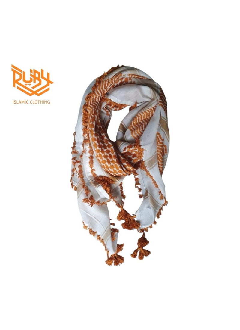RUBY ISLAMIC CLOTHING Fashion Arab Shemagh Keffiyeh Scarf  Army Military Desert Tactical Orange and White  - Image 1