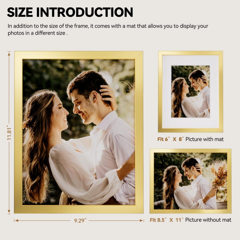 HappyHapi 8.5x11 Picture Frame Gold, Gold Picture Frames Display Photos 6x8 with Mat or 8.5x11 Without Mat, 1 Pack Plastic Frame for Wall & Tabletop for Home Decor - Image 4