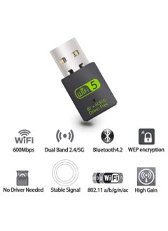 FLOWING USB WiFi Bluetooth Adapter, 600Mbps Dual Band 2.4/5Ghz Wireless Network External Receiver, Mini WiFi Dongle for PC/Laptop/Desktop  - Image 2