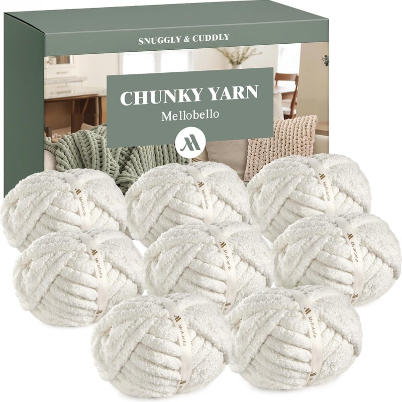 Mellobello Jumbo Chunky Yarn for Hand Knitting - Super Thick Chenille Chunky Yarn for Crocheting - Extra Soft Bulky Fluffy Blanket Big Yarn 8 Jumbo Pack (27yds,8 oz Each Skein) Cream White - Image 1