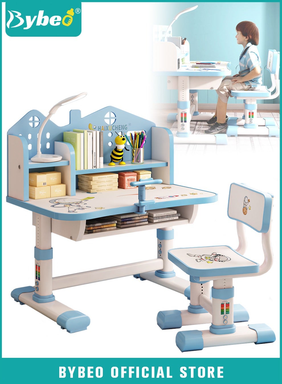 Enlarged Kids Table and Chair Set, Multifunctional Children's Reading Study Activity Desk, Ergonomic Toddler Chairs, with Storage Drawer, Bookcase, Double Shelves, for School Student Writing Studying