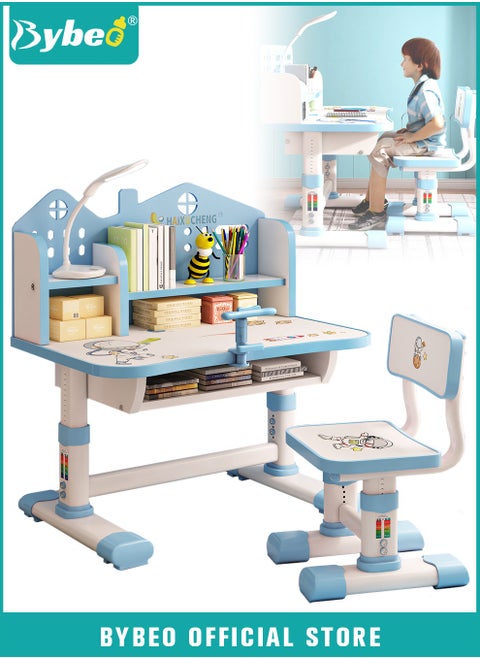 Enlarged Kids Table and Chair Set, Multifunctional Children's Reading Study Activity Desk, Ergonomic Toddler Chairs, with Storage Drawer, Bookcase, Double Shelves, for School Student Writing Studying