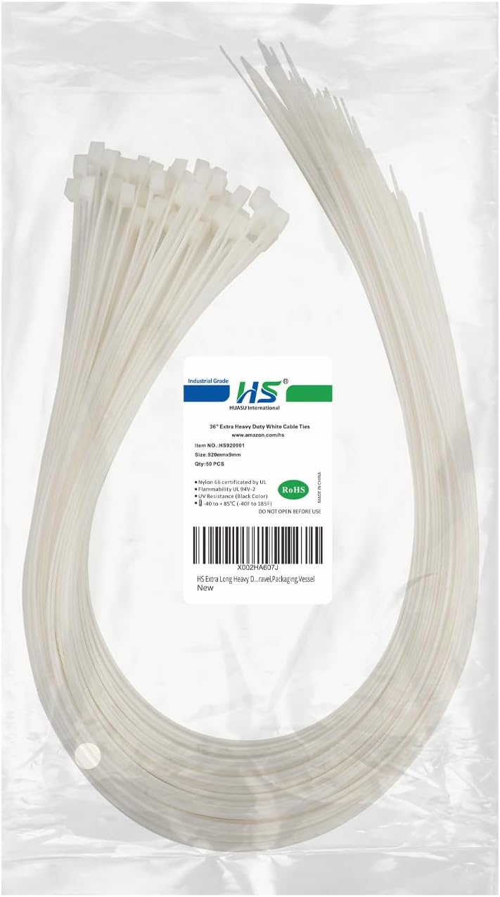 HS Extra Long Heavy Duty Zip Tie Straps (50 Pack) Thick 0.35 Inch Plastic Duct Zip Ties Heavy Duty 200 Pounds Clear,White Large Zip Ties 36 Inch for HVAC,Travel,Packaging,Vessel - Image 1