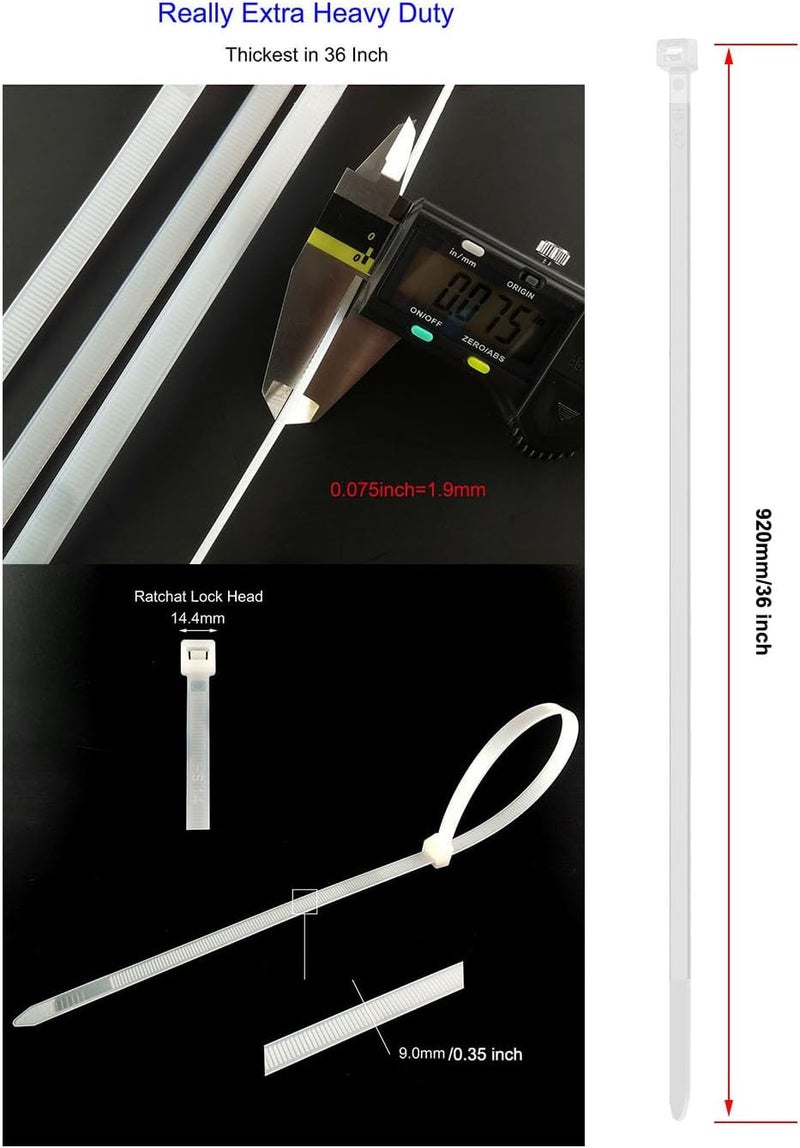 HS Extra Long Heavy Duty Zip Tie Straps (50 Pack) Thick 0.35 Inch Plastic Duct Zip Ties Heavy Duty 200 Pounds Clear,White Large Zip Ties 36 Inch for HVAC,Travel,Packaging,Vessel - Image 2