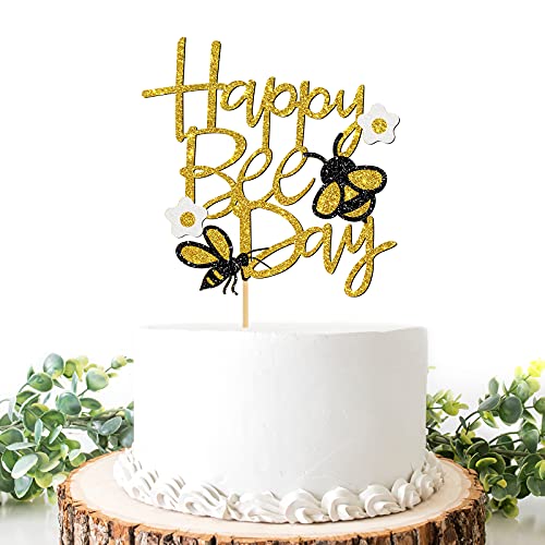 Helewilk Happy Bee Day Cake Topper Glitter Bumbee ThemeHappy 1st BirthdayBaby Shower Cake Decoration Boy or Girl Gender RevealWedding Party Supplies - Image 1