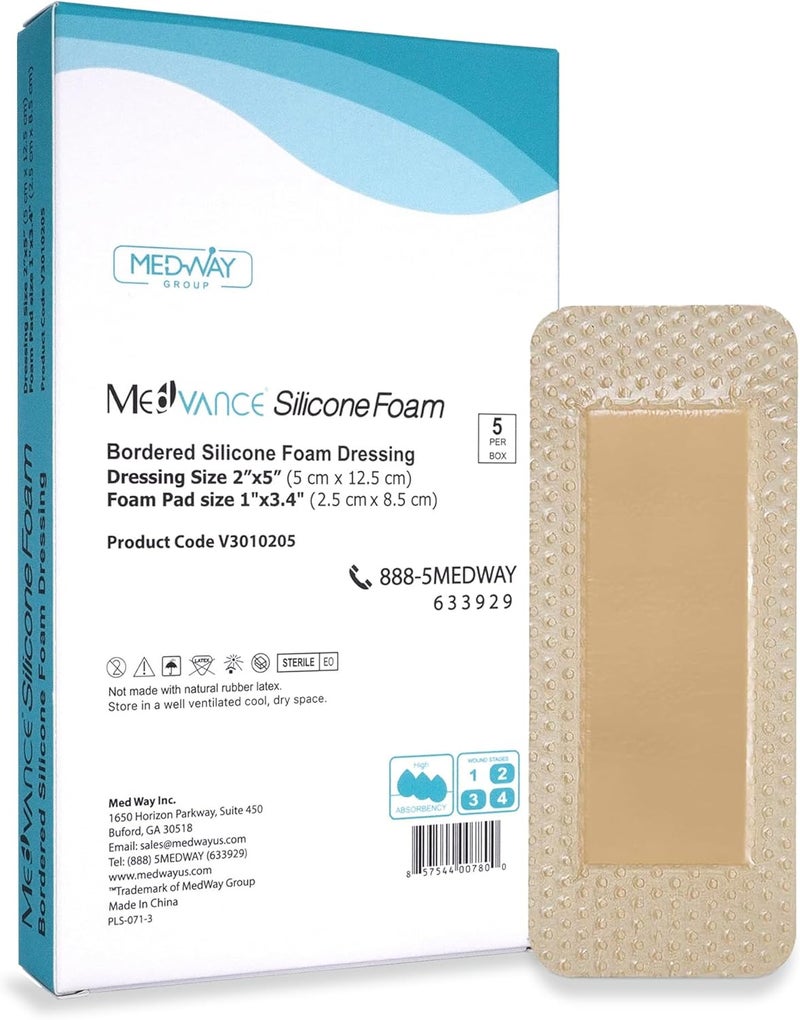 MedVanceTM Silicone - Bordered Silicone Adhesive Foam Dressing, 2"x5" (1.2"x3.4" pad) Box of 5 dressings
