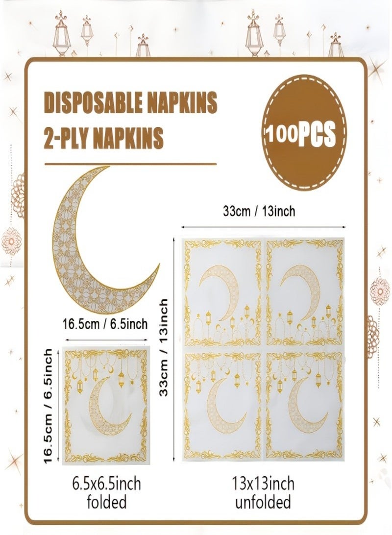 100 قطعة من مناديل رمضان، مناديل بيضاء ذهبية لتزيين طاولة رمضان، زينة عيد مبارك رمضان، زينة عيد مبارك مبعثر، مناديل رمضان كريم، مناسبة لحفلات المطاعم، العشاء العائلي، حفلات الزفاف، حفلات أعياد الميلاد - Image 2