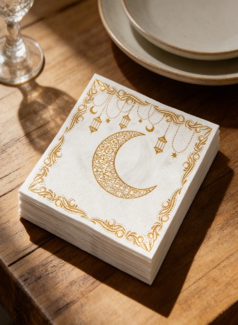 100 قطعة من مناديل رمضان، مناديل بيضاء ذهبية لتزيين طاولة رمضان، زينة عيد مبارك رمضان، زينة عيد مبارك مبعثر، مناديل رمضان كريم، مناسبة لحفلات المطاعم، العشاء العائلي، حفلات الزفاف، حفلات أعياد الميلاد - Image 1