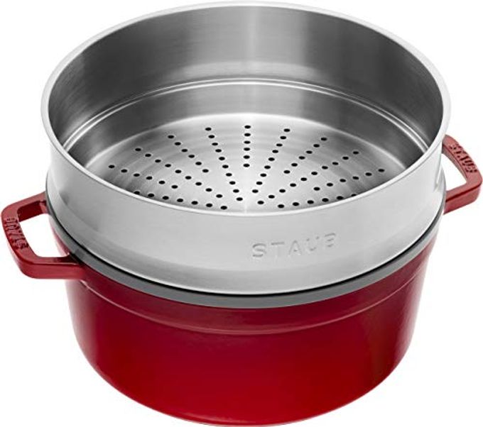 STAUB La Cocotte Round 40510-601 Pico Cocotte Round Cherry 10.2 Inches (26 Cm) Steamer Set, Large, Two-Handed Casting, Enameled Pot, Steamer, Induction Compatible - Image 5
