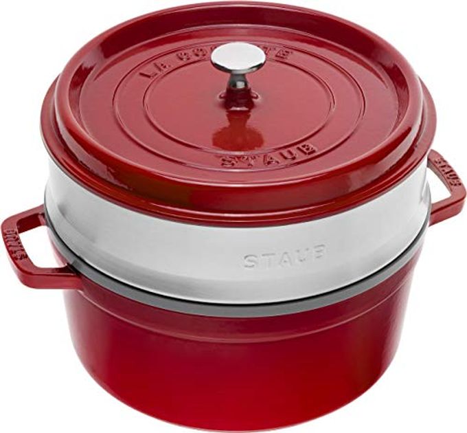 STAUB La Cocotte Round 40510-601 Pico Cocotte Round Cherry 10.2 Inches (26 Cm) Steamer Set, Large, Two-Handed Casting, Enameled Pot, Steamer, Induction Compatible - Image 1