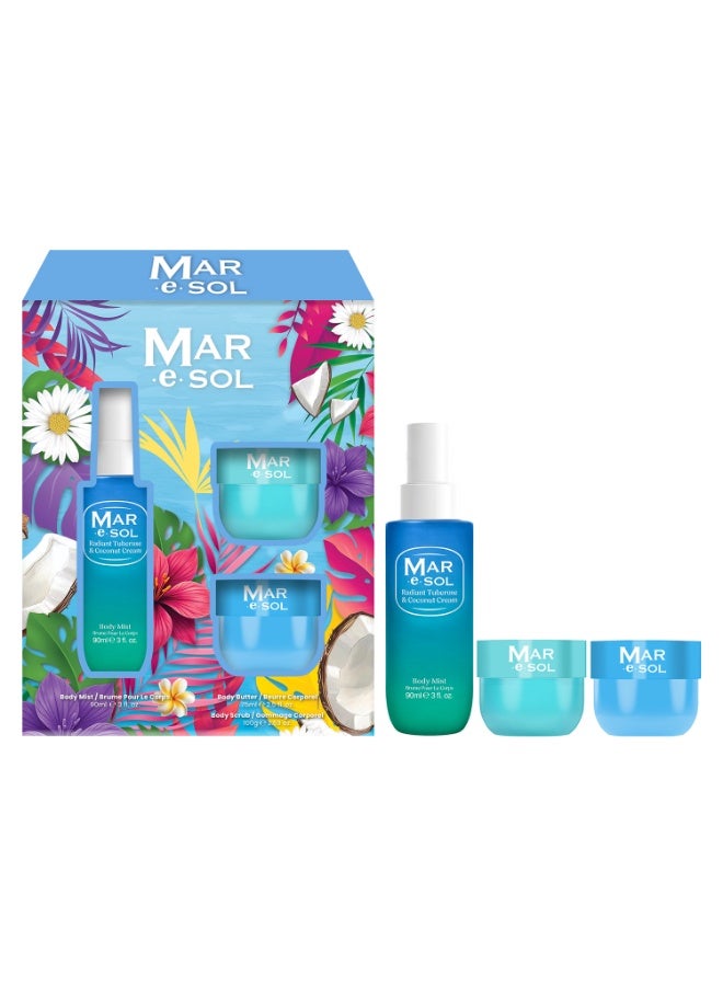 Mar.e.SOL Radiant Tuberose & Coconut Cream Gift Set – Body Mist 90ml + Body Scrub 100g + Body Butter 75ml | Floral & Creamy Long-Lasting Fragrance | Hydrating Body Care Gift Set for Women - Image 1