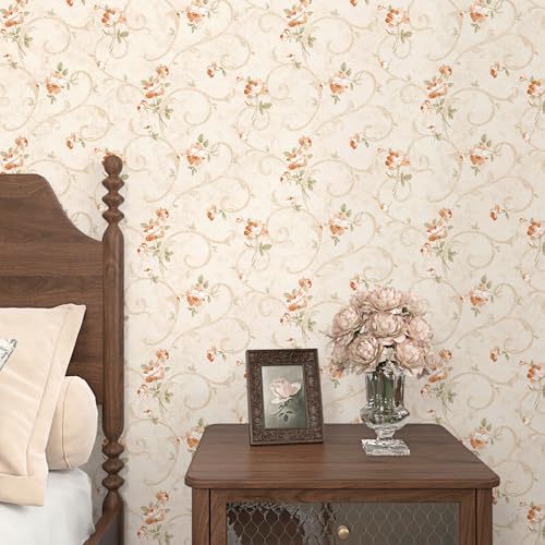 WESTICK French Country Peel and Stick Wallpaper Vintage Neutral Floral Wallpaper for Bedroom Retro Floral Contact Paper for Living Room Accent Walls Bathroom Cabinets and Drawers 175 x 100 - Image 1