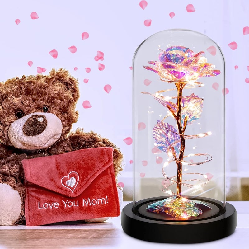 COLBEX Rose Flower Gifts for WomenBirthday Gifts for WomenWomens Gifts for ChristmasMom Gift for XmasColorful Rainbow Artificial Flower Rose Light Up Rose in A Glass DomeFlower - Image 4