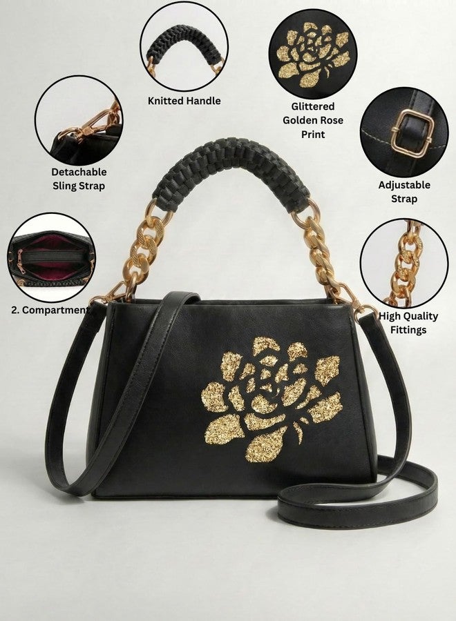 LIKE STYLE Women’s PU Sling Bag with Gold Glitter Floral Print | Dual Compartment Crossbody & Shoulder Bag with Braided Handle | Stylish Zip Closure Handbag for Office & Daily Use (Black) - Image 5