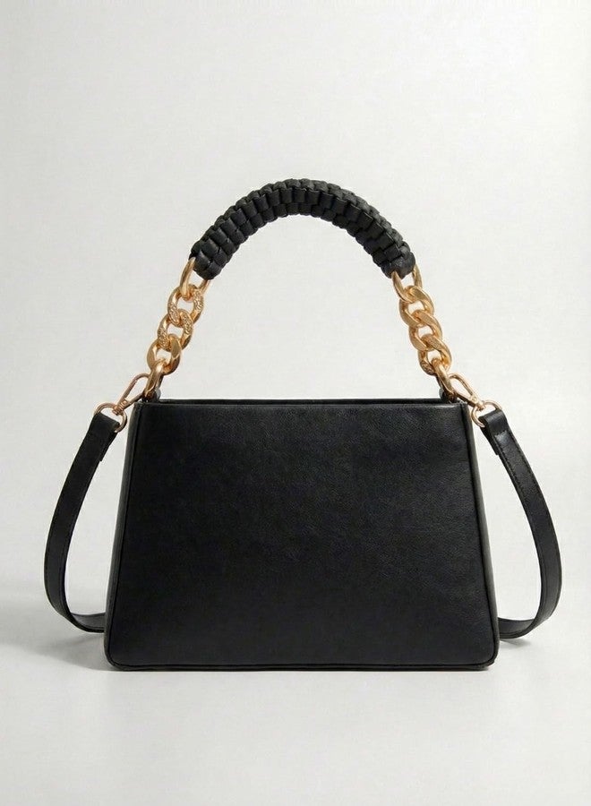 LIKE STYLE Women’s PU Sling Bag with Gold Glitter Floral Print | Dual Compartment Crossbody & Shoulder Bag with Braided Handle | Stylish Zip Closure Handbag for Office & Daily Use (Black) - Image 2
