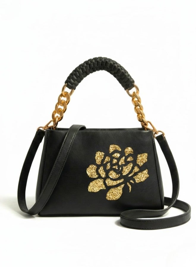 LIKE STYLE Women’s PU Sling Bag with Gold Glitter Floral Print | Dual Compartment Crossbody & Shoulder Bag with Braided Handle | Stylish Zip Closure Handbag for Office & Daily Use (Black) - Image 1