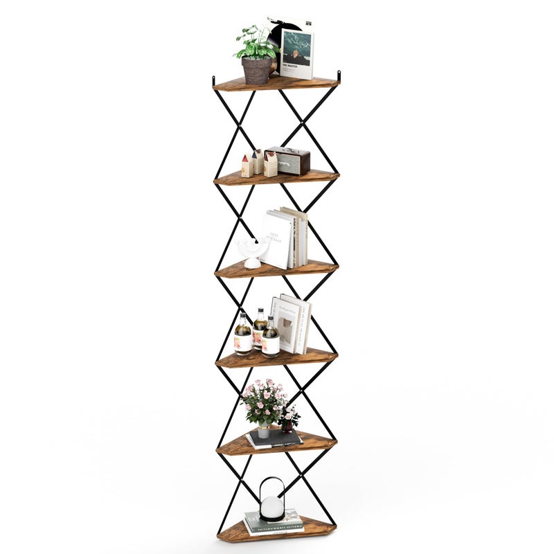 IRCPEN 6 Tier Wall Mounted Corner Shelf Stand Industrial Corner Bookshelf with X Metal Frame Tall Standing Shelf Organizer Bookcase Plant Stand for Living Room Bedroom Rustic Brown CS006RB