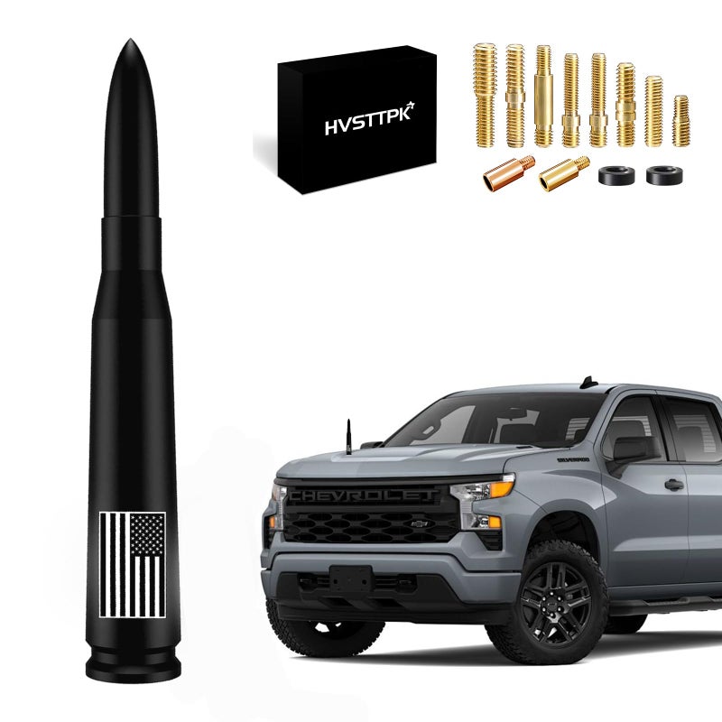 HVSTTPK Car Truck Bullet Antenna - America Flag Style Mast for GM Chevy Silverado 1500 2500 3500 HD Avalanche Ford F150 F250 F350 Denali Heavy Duty Pickup Car Accessories(Black) - Anti Theft Desgin - Image 1