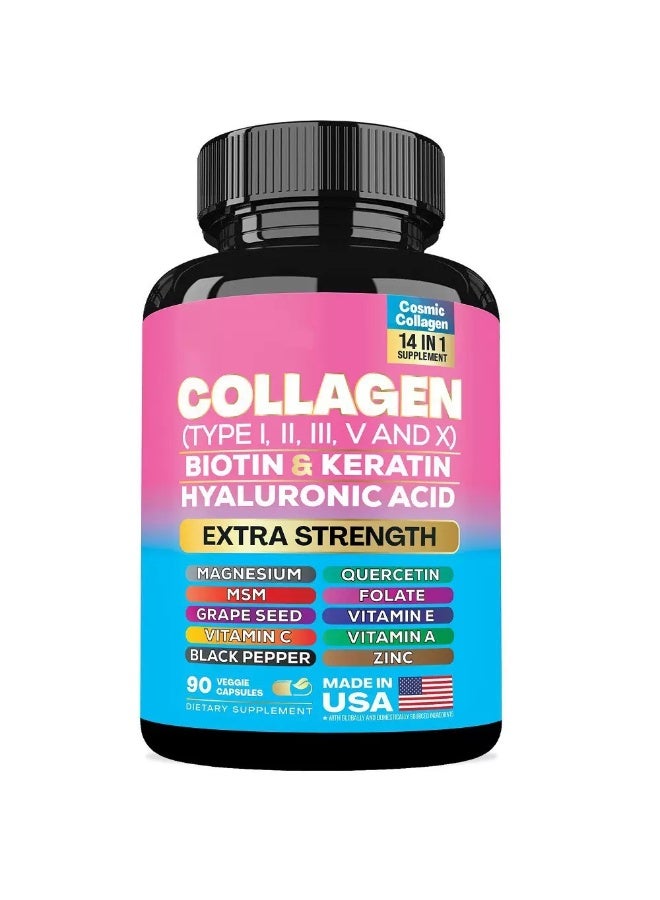 Collagen 90 Caps of Collagen Pills - Rich in Types I - X Peptides. Biotin, Keratin, Hyaluronic Acid, MSM, Vitamins, Minerals, Grape Seed Extract & Quercetin for Skin, Hair & Joint Health - Image 1