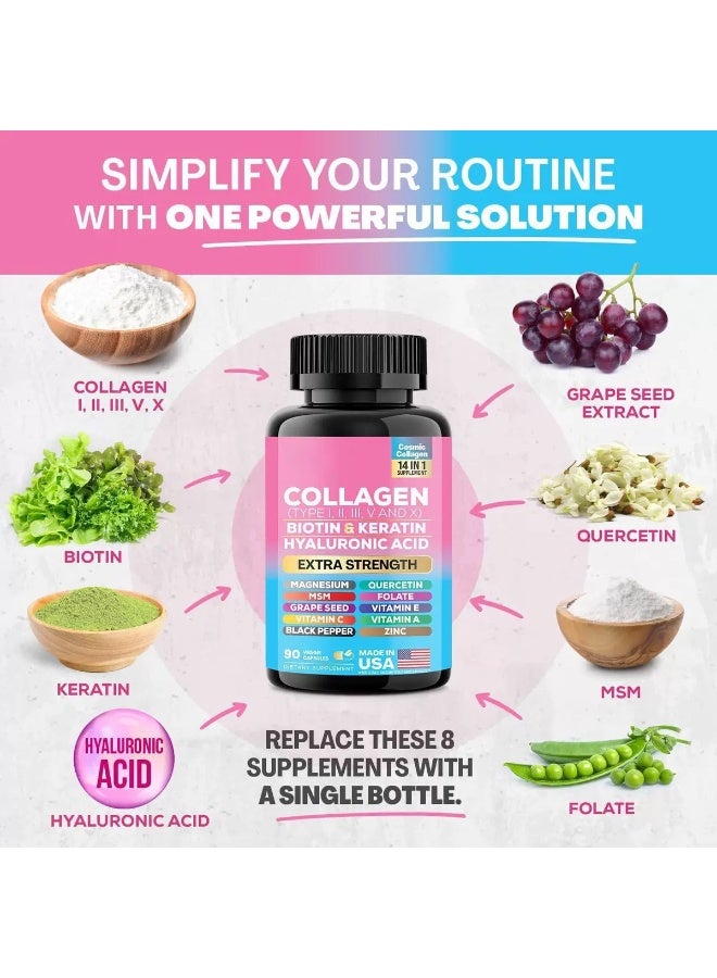 Collagen 90 Caps of Collagen Pills - Rich in Types I - X Peptides. Biotin, Keratin, Hyaluronic Acid, MSM, Vitamins, Minerals, Grape Seed Extract & Quercetin for Skin, Hair & Joint Health - Image 3