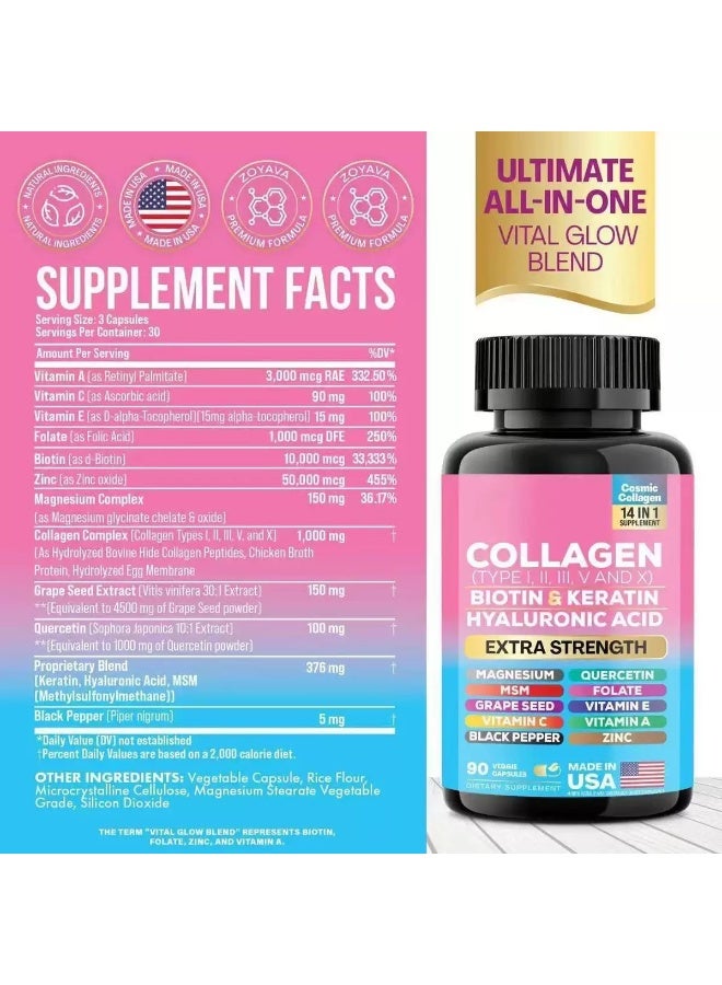 Collagen 90 Caps of Collagen Pills - Rich in Types I - X Peptides. Biotin, Keratin, Hyaluronic Acid, MSM, Vitamins, Minerals, Grape Seed Extract & Quercetin for Skin, Hair & Joint Health - Image 2