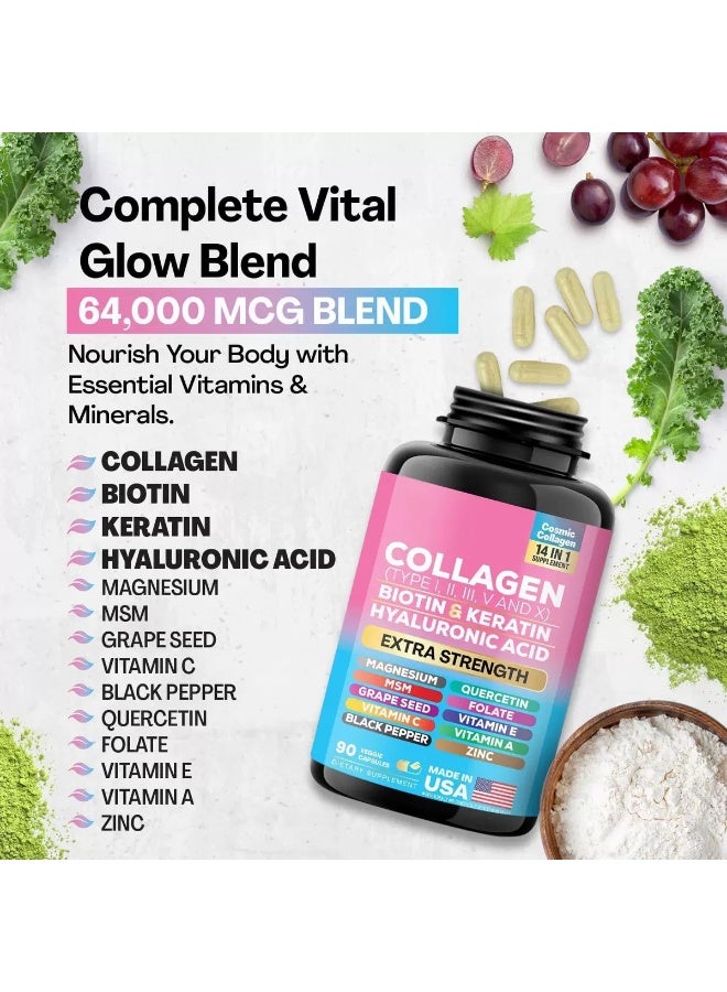 Collagen 90 Caps of Collagen Pills - Rich in Types I - X Peptides. Biotin, Keratin, Hyaluronic Acid, MSM, Vitamins, Minerals, Grape Seed Extract & Quercetin for Skin, Hair & Joint Health - Image 4