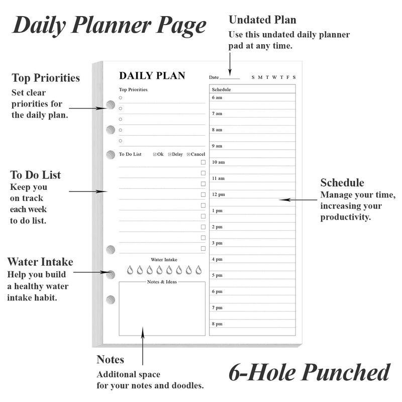 Yaridar (3-Pack) Undated Daily Planner Refill - A5 To Do List Insert, 300 Sheets/600 Pages Planner and Lined Refill, 6-Hole Punched, 100 gsm White Paper, 5.8'' x 8.3'' - Image 2