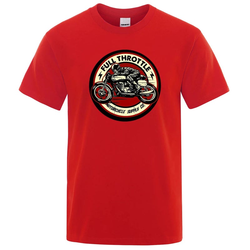 Throttle Cafe Racer Rockabilly bibker Printed Mens Fashionable Casual Short-sleeved Cotton Summer T-shirt Red - Image 1