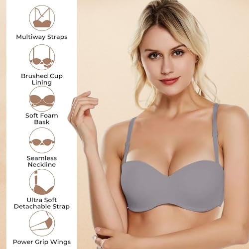 PLUMBURY Women's Synthetic Lightly Padded Wired Push-Up Multiway Bra, Grey, Size 36B - Image 3