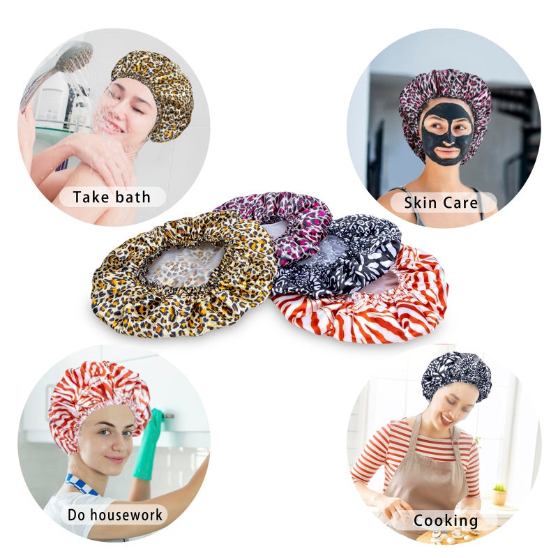 CHFONG 4 PCS Shower Caps for Women, Elastic and Reusable Bath Caps, Double Waterproof Layers Shower Cap, Bathing Shower Caps, Environmental Protection Hair Bath Hat - Printed Color - Image 5