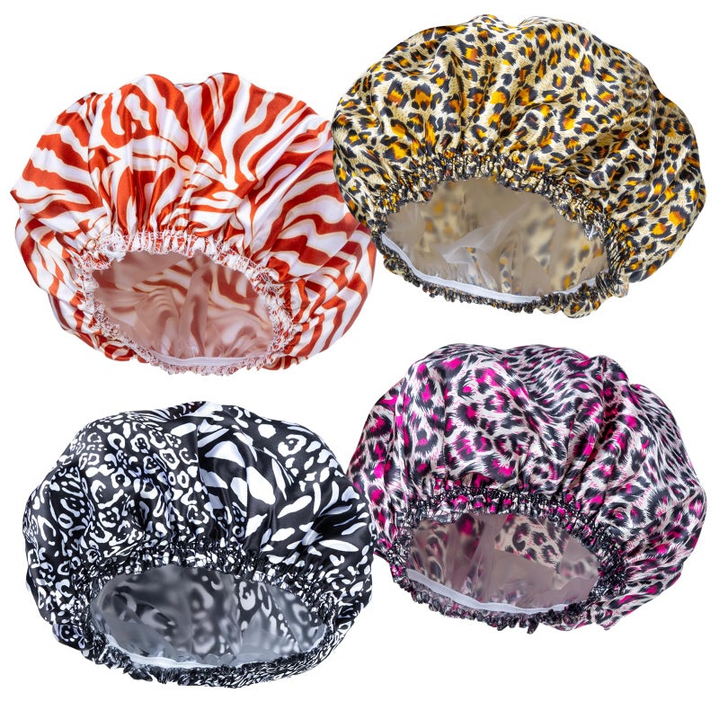 CHFONG 4 PCS Shower Caps for Women, Elastic and Reusable Bath Caps, Double Waterproof Layers Shower Cap, Bathing Shower Caps, Environmental Protection Hair Bath Hat - Printed Color - Image 1