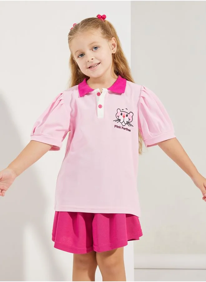 Styli Styli Pink Panther Print Polo T-Shirt and Shorts Set