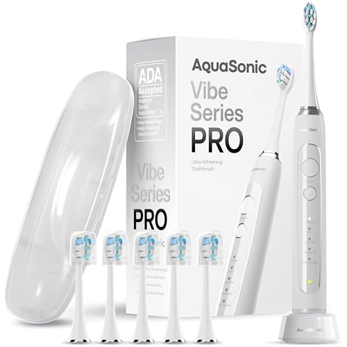 Aquasonic Vibe Series PRO – Ultra-Whitening Electric Toothbrush – 5 Modes & Smart Timers – Premium Travel Case & 6 Proflex Brush Heads – ADA Accepted Toothbrush (Optic White) - Image 1