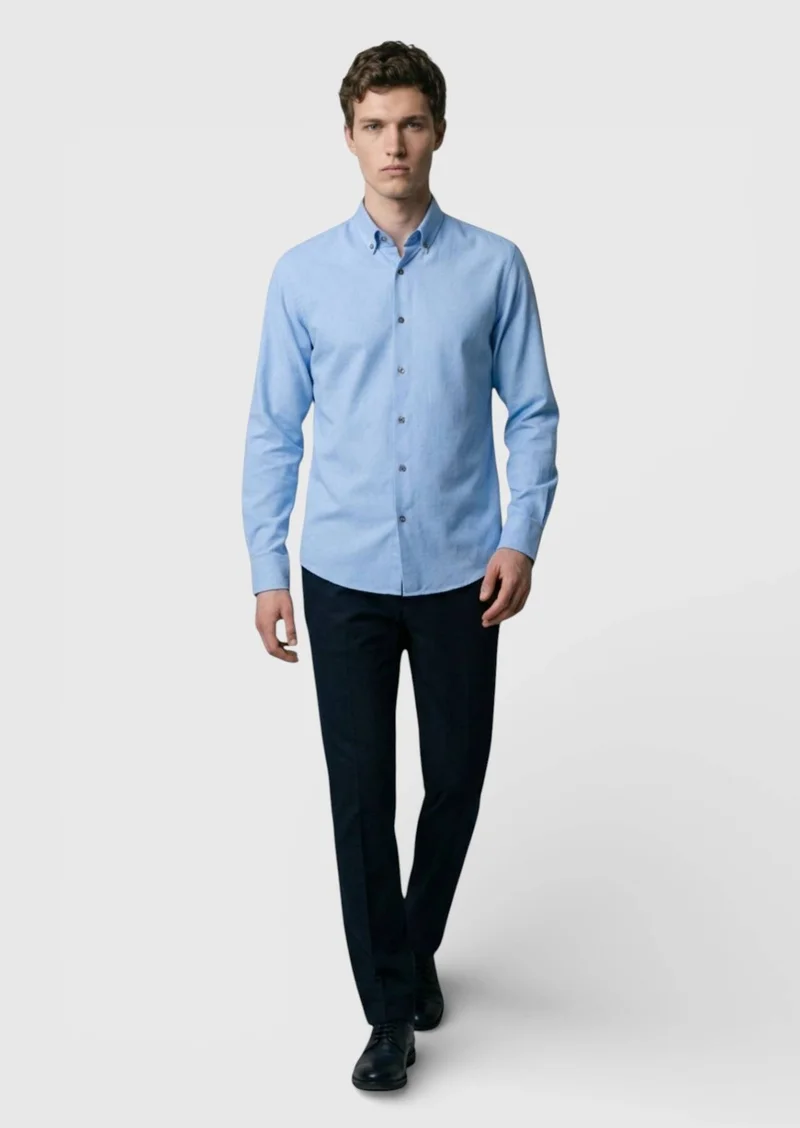 RAMSEY Blue Plain Regular Fit Long Weaving Casual 100% Cotton Shirt
