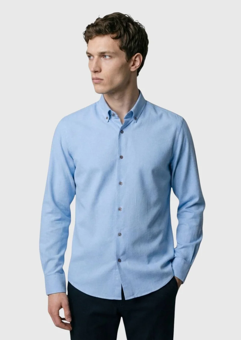 RAMSEY Blue Plain Regular Fit Long Weaving Casual 100% Cotton Shirt